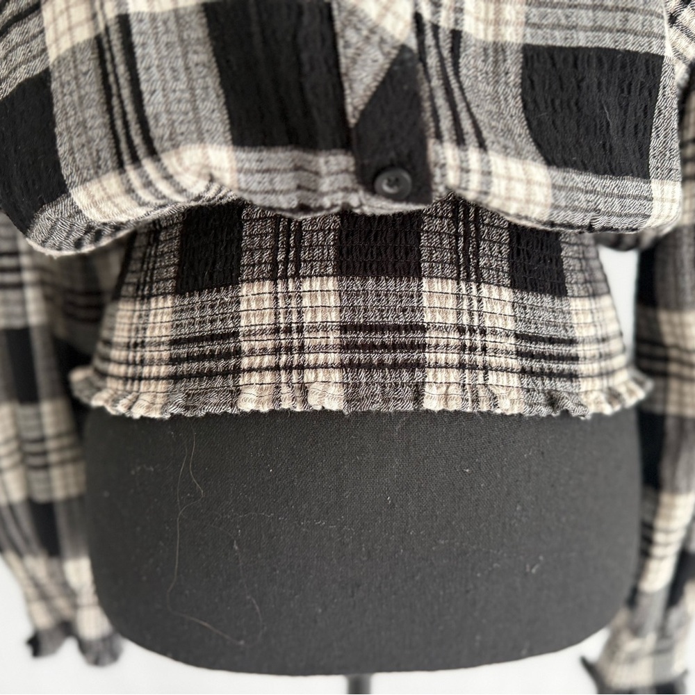 1. State Black & lvory Plaid Smocked Waist Blouse Cropped Button Front - Picture 4 of 14